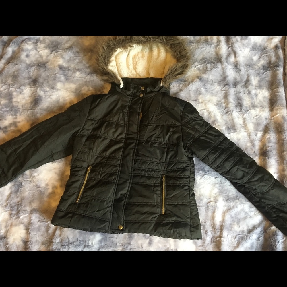 Army green winter coat with fur hood